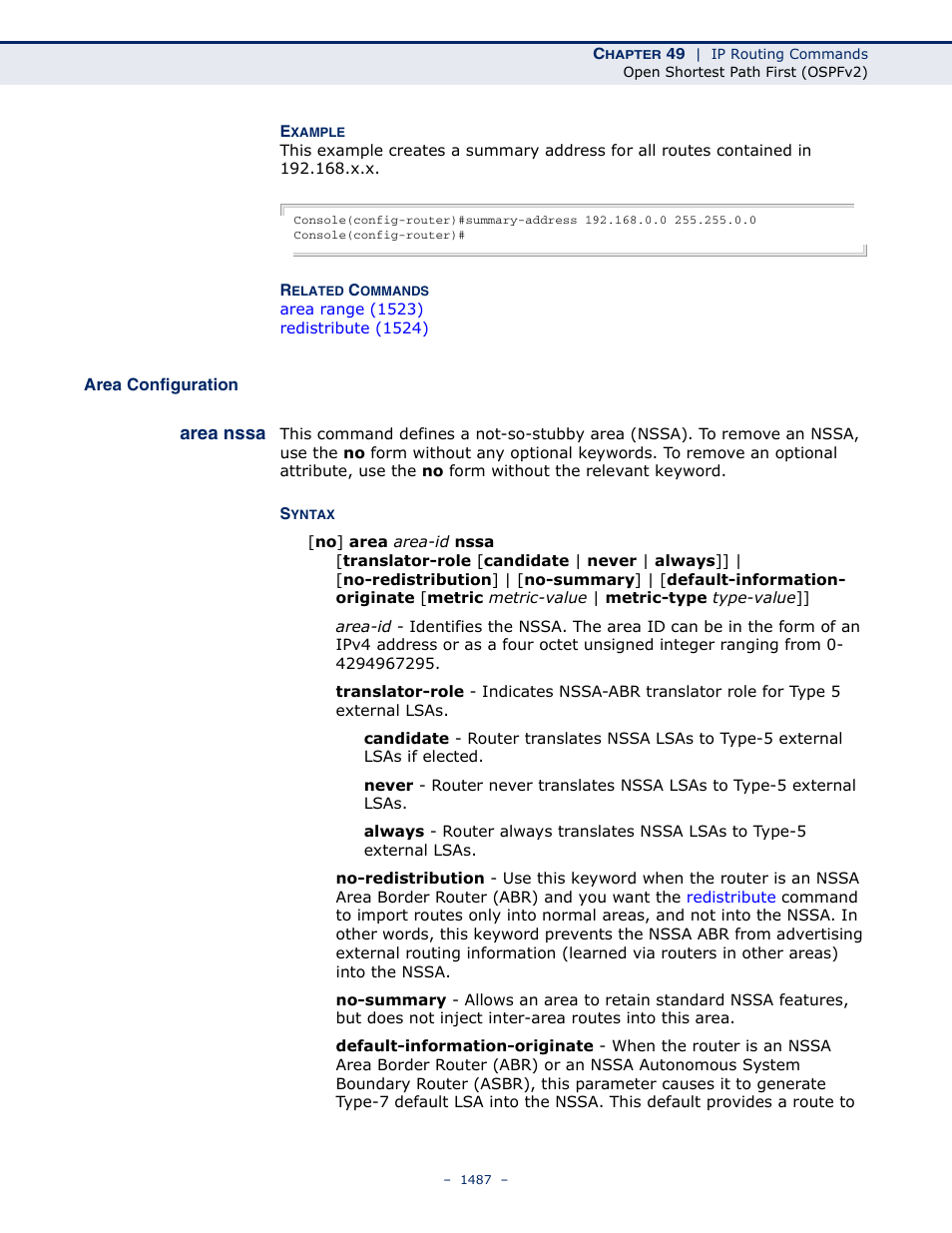 Area configuration, Area nssa | LevelOne GTL-2691 User Manual | Page 1487 / 1644