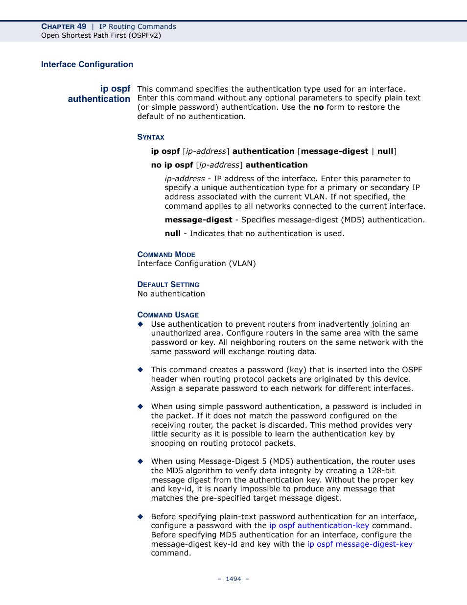 Interface configuration, Ip ospf authentication | LevelOne GTL-2691 User Manual | Page 1494 / 1644