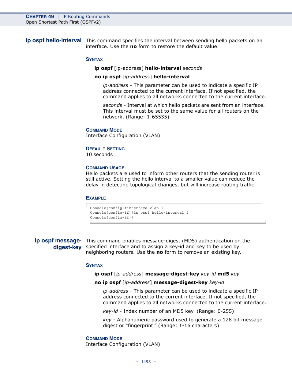 Ip ospf hello-interval, Ip ospf message- digest-key, Ip ospf message-digest-key | Ip ospf message-digest, Ip ospf message-digest-key (1498) | LevelOne GTL-2691 User Manual | Page 1498 / 1644