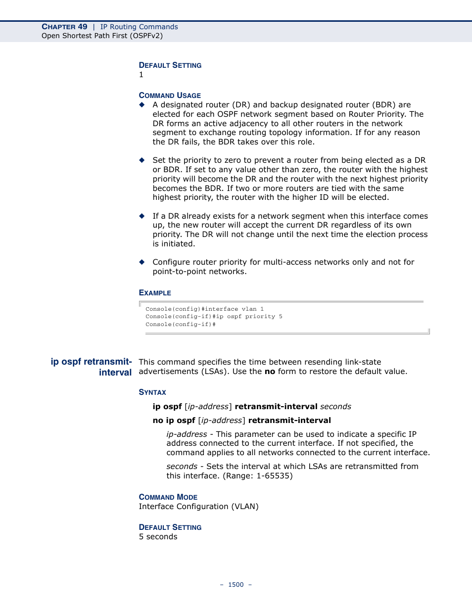 Ip ospf retransmit- interval, Ip ospf retransmit-interval, Ip ospf retransmit | Interval | LevelOne GTL-2691 User Manual | Page 1500 / 1644