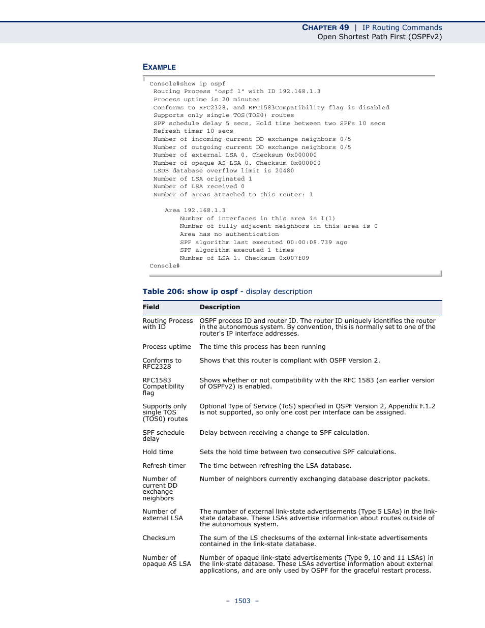 Table 206: show ip ospf - display description | LevelOne GTL-2691 User Manual | Page 1503 / 1644