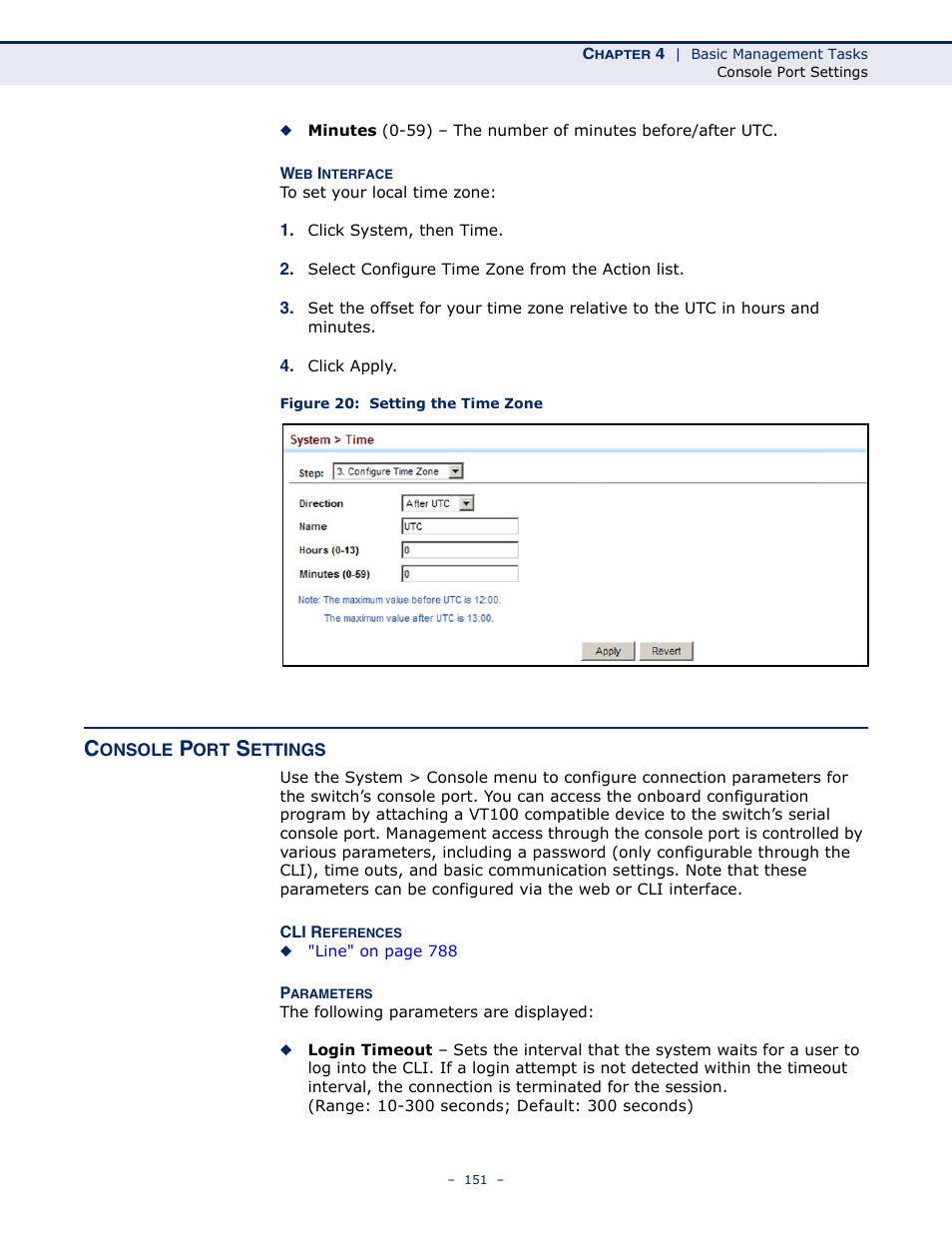 Console port settings, Figure 20: setting the time zone | LevelOne GTL-2691 User Manual | Page 151 / 1644