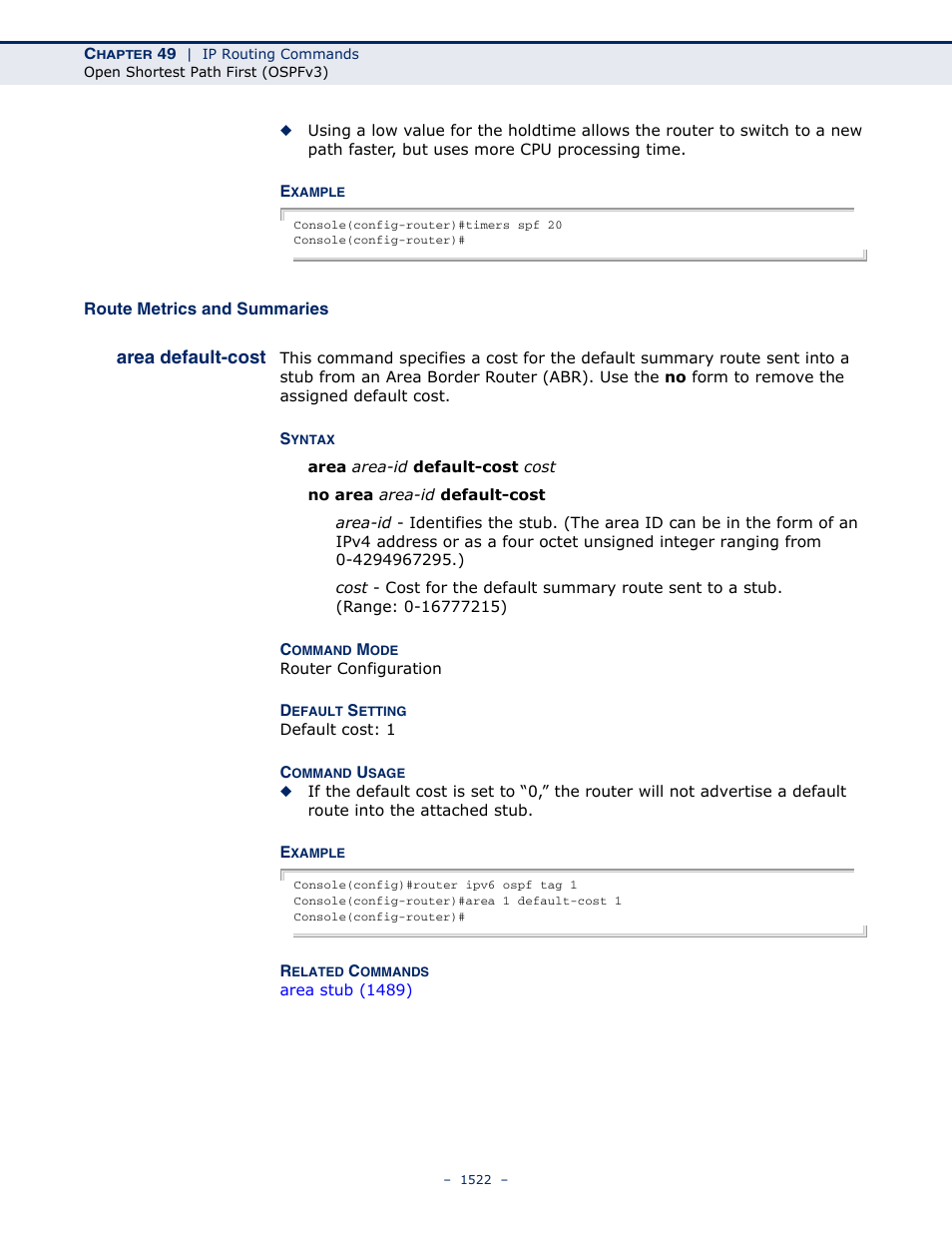 Route metrics and summaries, Area default-cost | LevelOne GTL-2691 User Manual | Page 1522 / 1644