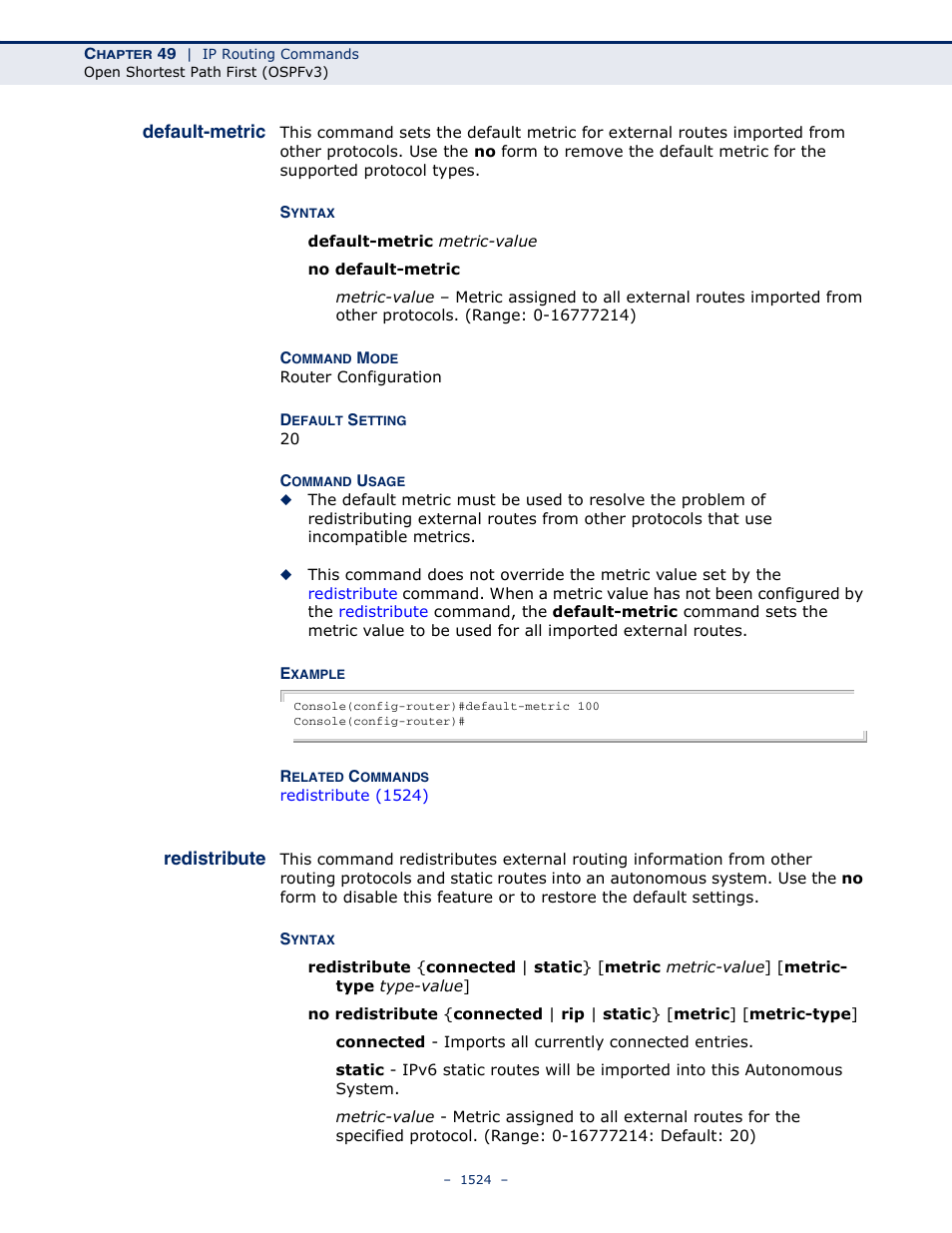 Default-metric, Redistribute, Default-metric 1524 redistribute 1524 | Redistribute (1524) | LevelOne GTL-2691 User Manual | Page 1524 / 1644