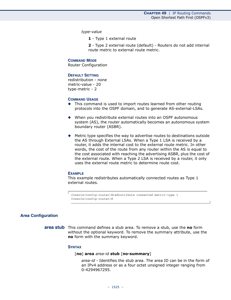 Area configuration, Area stub | LevelOne GTL-2691 User Manual | Page 1525 / 1644