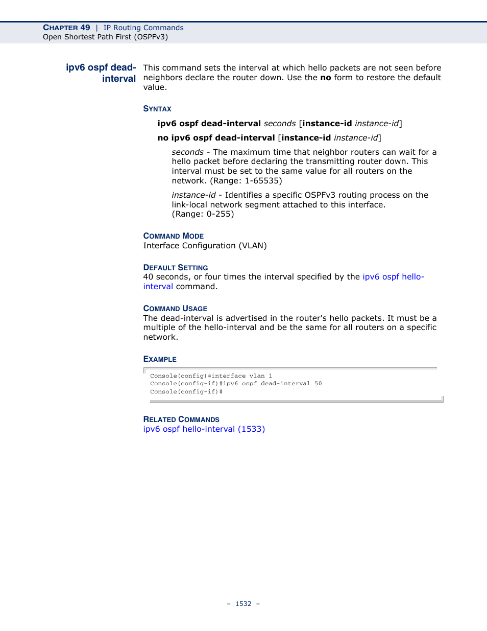 Ipv6 ospf dead- interval, Ipv6 ospf dead-interval | LevelOne GTL-2691 User Manual | Page 1532 / 1644