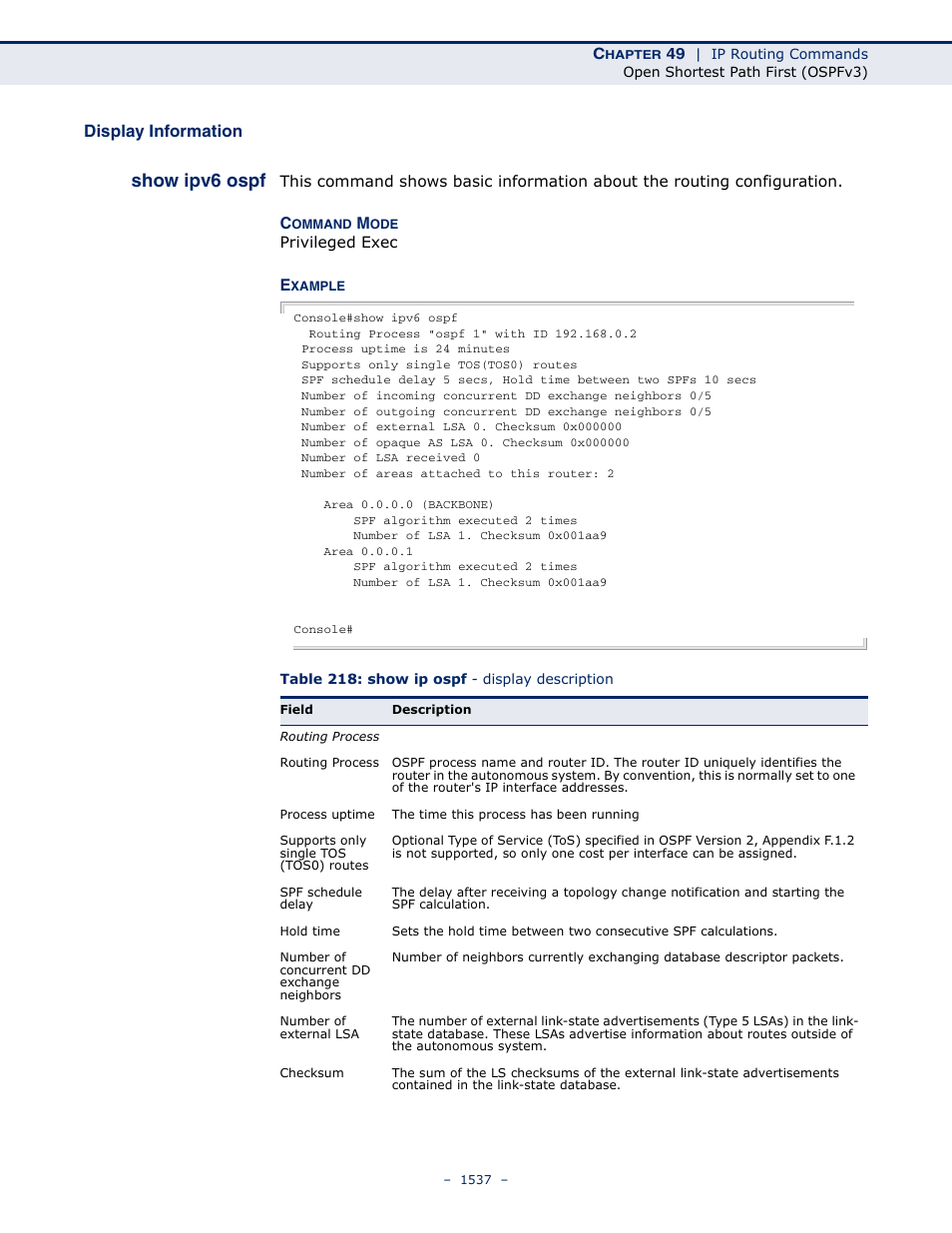 Display information, Show ipv6 ospf, Table 218: show ip ospf - display description | LevelOne GTL-2691 User Manual | Page 1537 / 1644