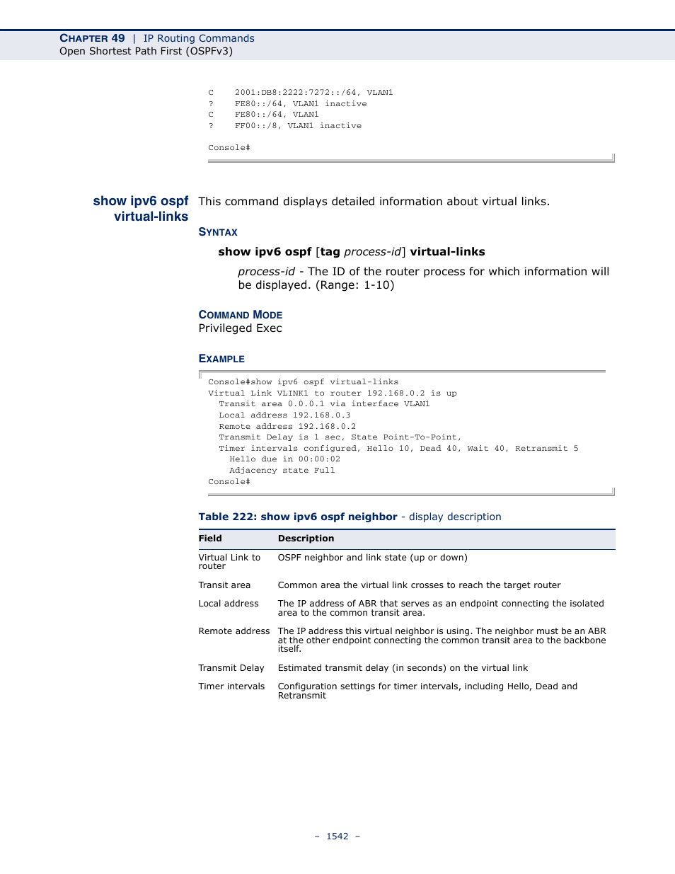 Show ipv6 ospf virtual-links, Show ipv6 ospf virtual, Links | LevelOne GTL-2691 User Manual | Page 1542 / 1644