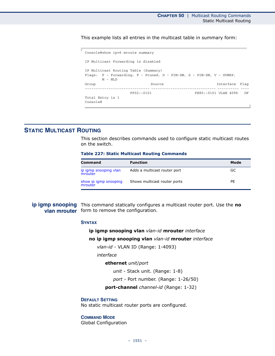 Static multicast routing, Ip igmp snooping vlan mrouter, Table 227: static multicast routing commands | LevelOne GTL-2691 User Manual | Page 1551 / 1644