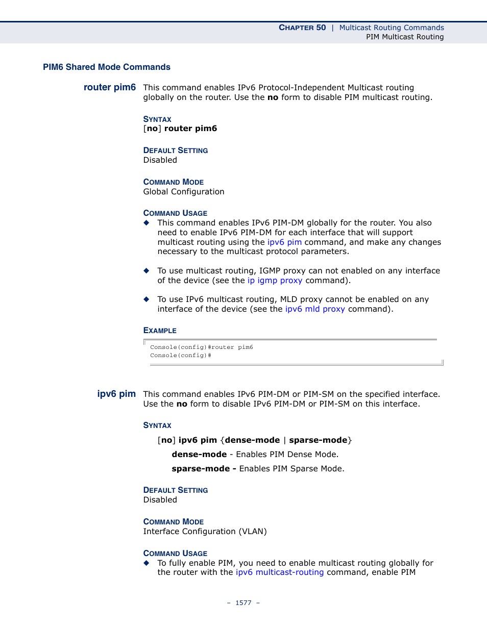 Pim6 shared mode commands, Router pim6, Ipv6 pim | LevelOne GTL-2691 User Manual | Page 1577 / 1644