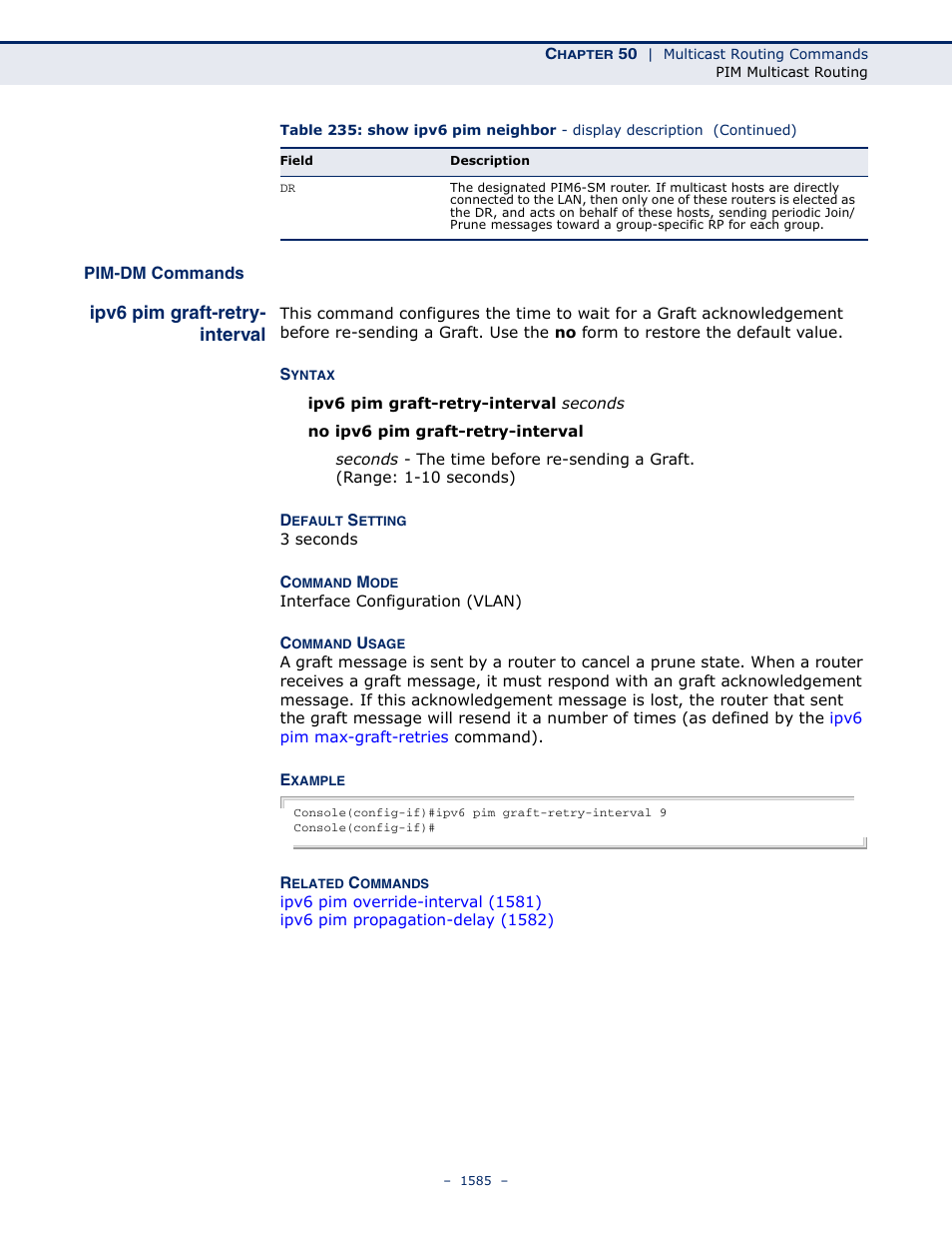 Pim-dm commands, Ipv6 pim graft-retry- interval, Ipv6 pim graft-retry-interval | Ipv6 pim graft-retry, Interval | LevelOne GTL-2691 User Manual | Page 1585 / 1644
