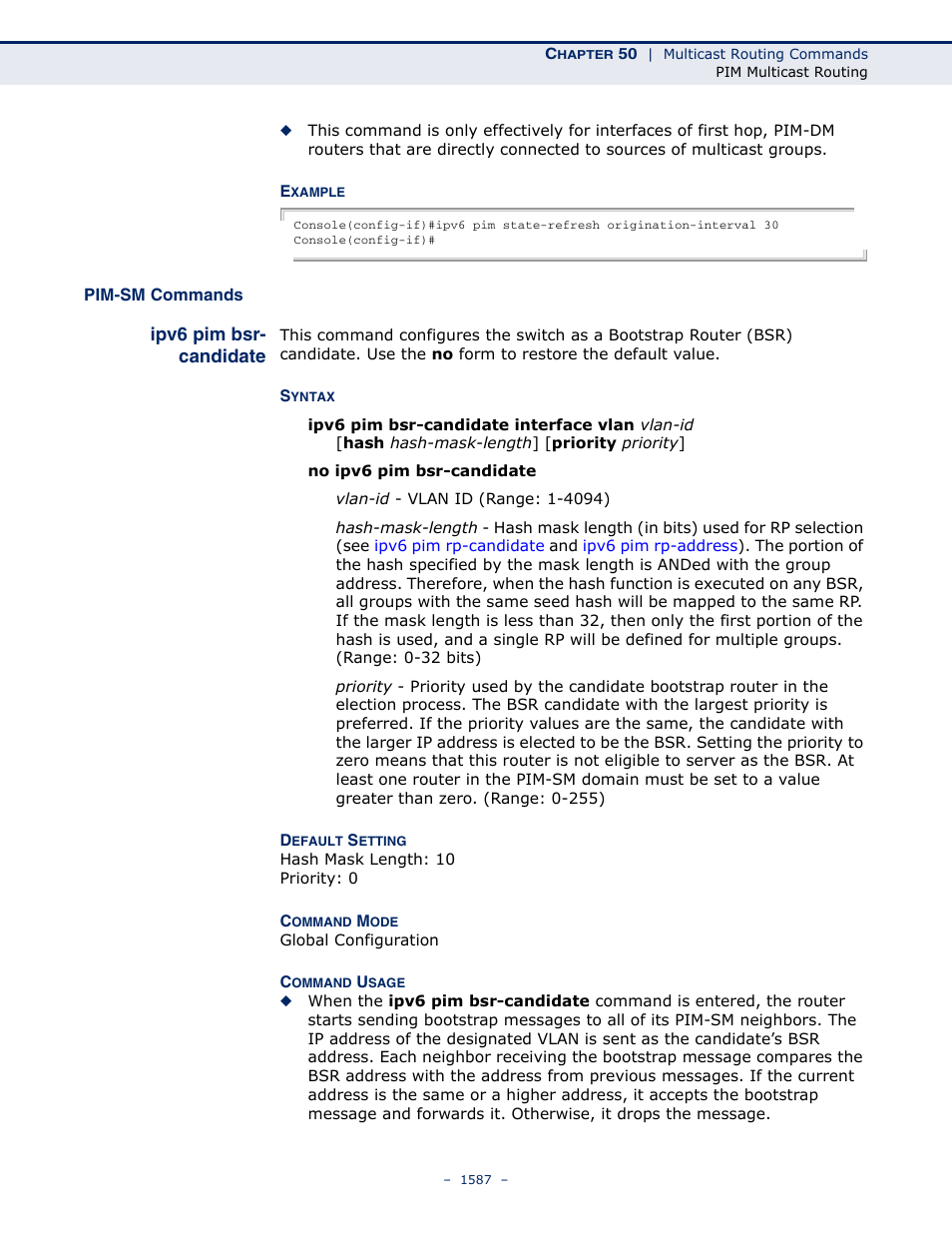 Pim-sm commands, Ipv6 pim bsr- candidate, Ipv6 pim bsr-candidate | LevelOne GTL-2691 User Manual | Page 1587 / 1644