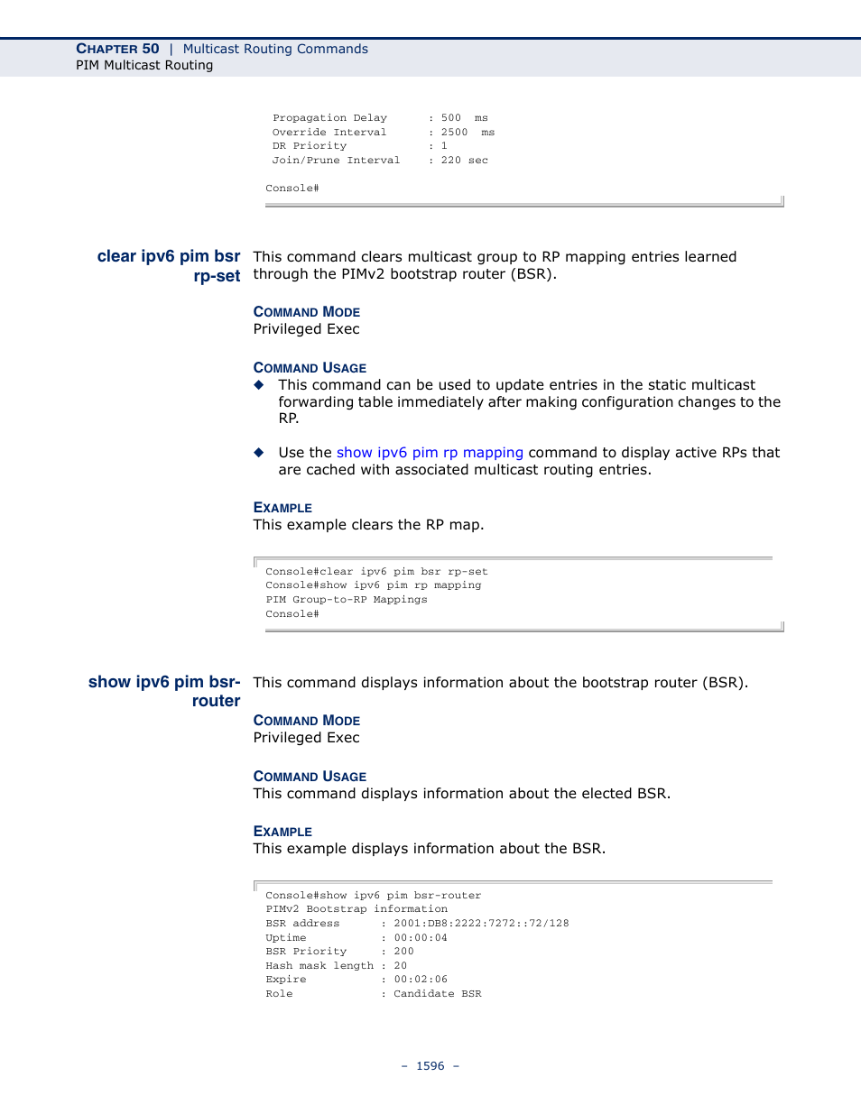 Clear ipv6 pim bsr rp-set, Show ipv6 pim bsr- router, Show ipv6 pim bsr-router | LevelOne GTL-2691 User Manual | Page 1596 / 1644