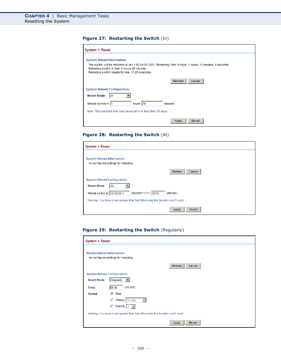 Figure 27: restarting the switch (in), Figure 28: restarting the switch (at), Figure 29: restarting the switch (regularly) | LevelOne GTL-2691 User Manual | Page 160 / 1644