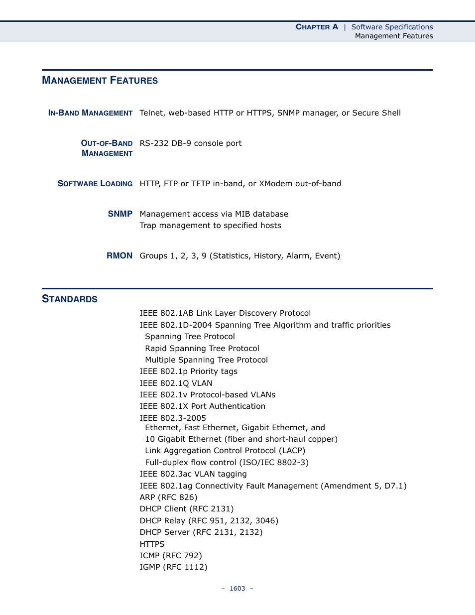 Management features, Standards, Standards 1603 | LevelOne GTL-2691 User Manual | Page 1603 / 1644