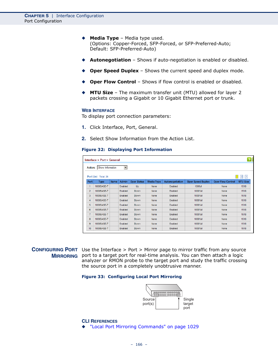 Configuring port mirroring, Figure 32: displaying port information, Figure 33: configuring local port mirroring | Port mirroring | LevelOne GTL-2691 User Manual | Page 166 / 1644