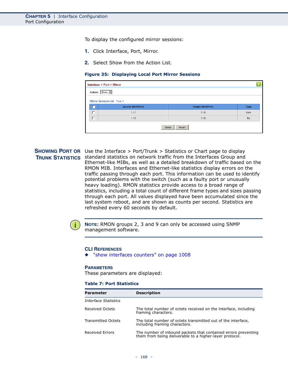 Showing port or trunk statistics, Figure 35: displaying local port mirror sessions, Table 7: port statistics | Displaying statistics | LevelOne GTL-2691 User Manual | Page 168 / 1644