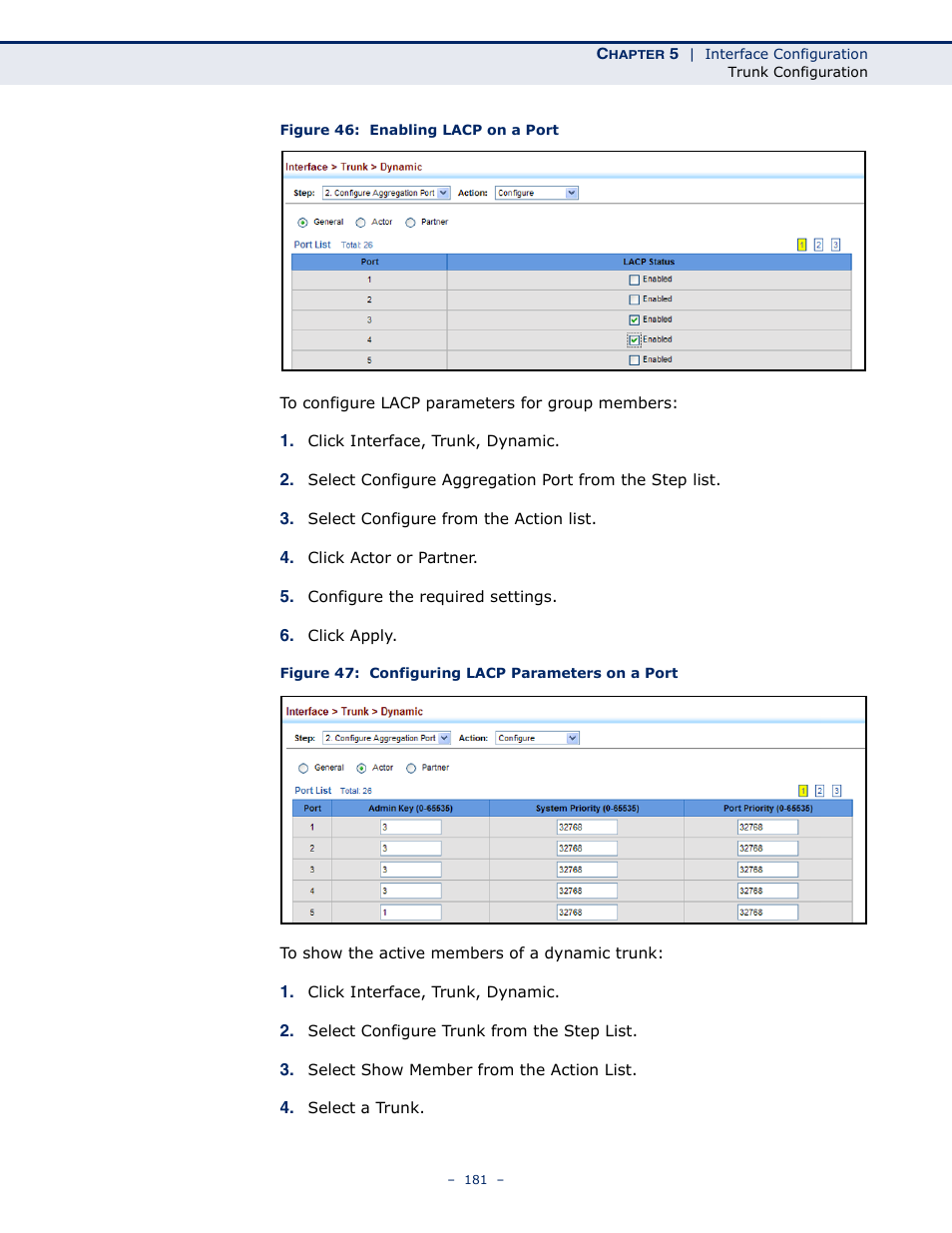 Figure 46: enabling lacp on a port, Figure 47: configuring lacp parameters on a port | LevelOne GTL-2691 User Manual | Page 181 / 1644