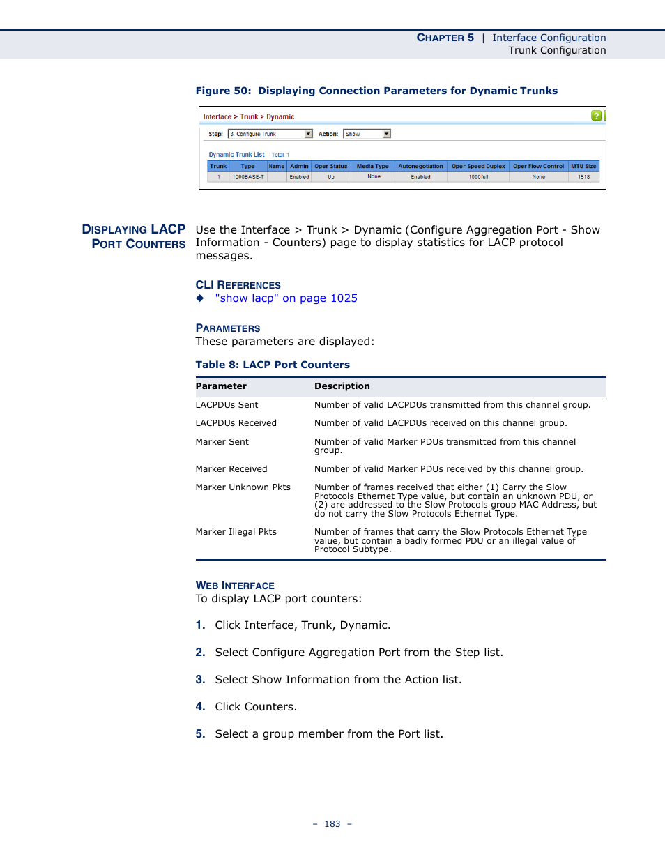 Displaying lacp port counters, Table 8: lacp port counters, Lacp p | LevelOne GTL-2691 User Manual | Page 183 / 1644