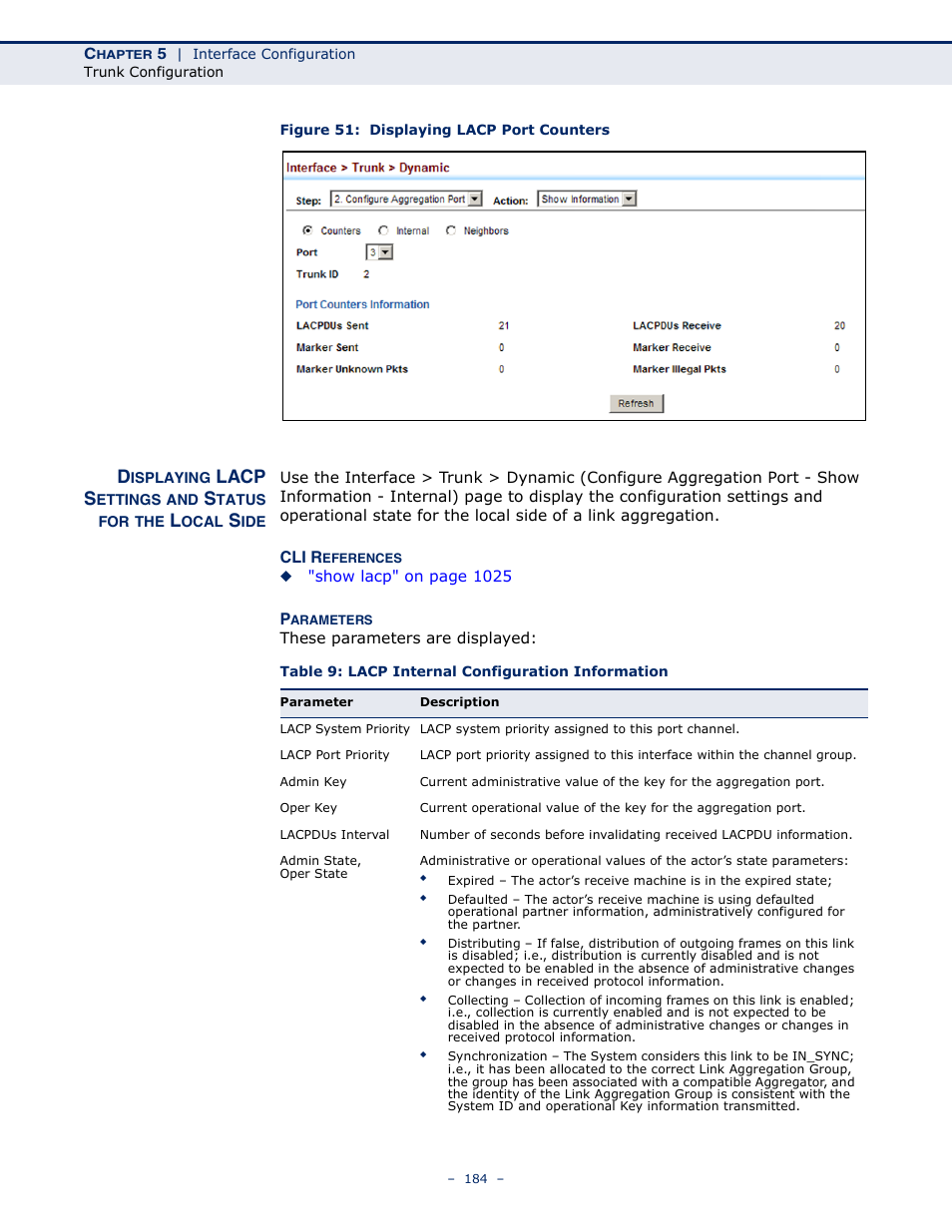 Figure 51: displaying lacp port counters, Table 9: lacp internal configuration information, Lacp s | LevelOne GTL-2691 User Manual | Page 184 / 1644