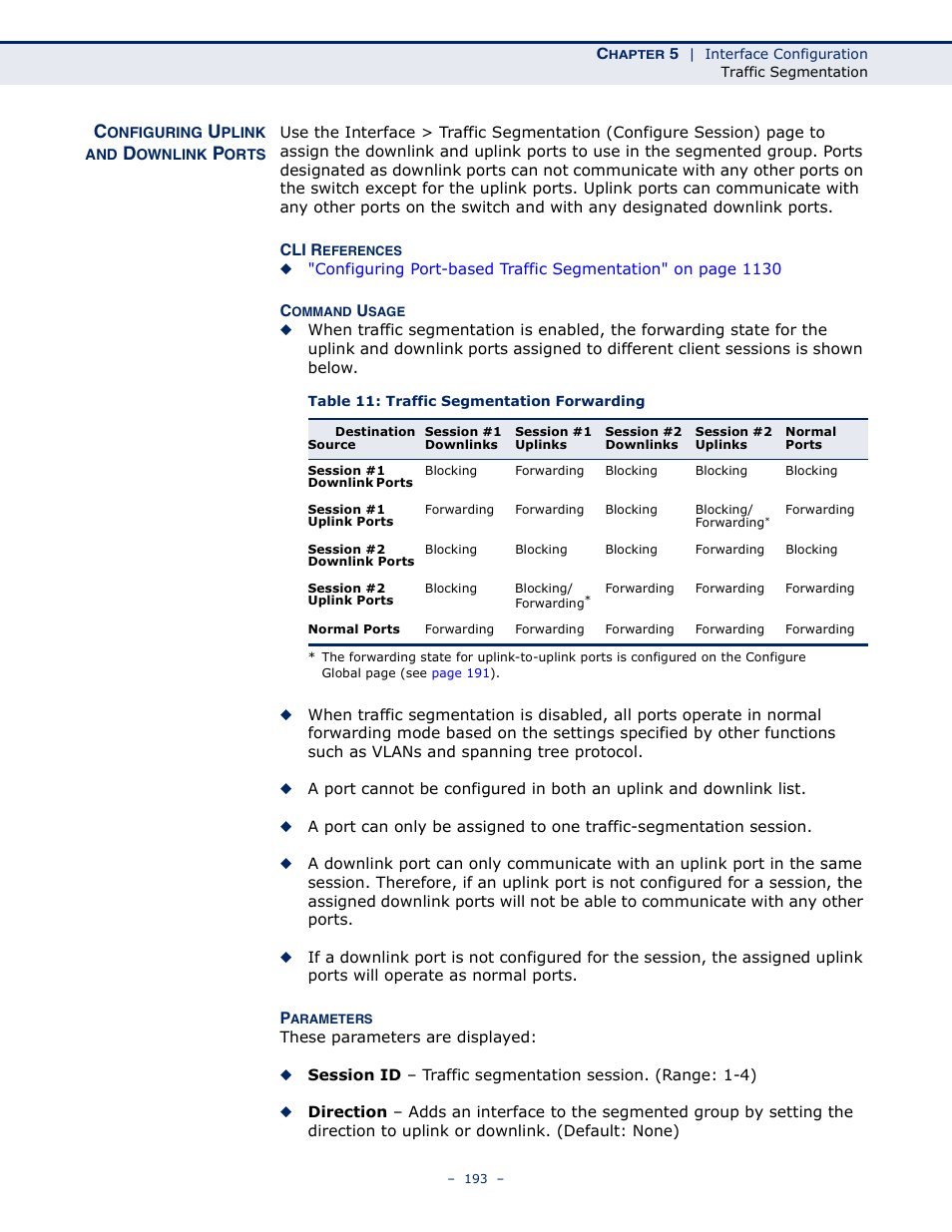 Configuring uplink and downlink ports, Table 11: traffic segmentation forwarding | LevelOne GTL-2691 User Manual | Page 193 / 1644