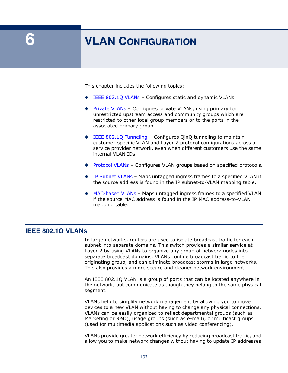 Vlan configuration, Ieee 802.1q vlans, 6 vlan c | Onfiguration, Vlan c, Ieee 802.1q vlan | LevelOne GTL-2691 User Manual | Page 197 / 1644