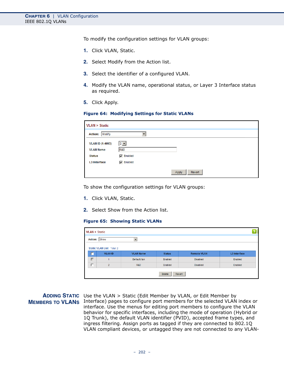 Adding static members to vlans, Figure 64: modifying settings for static vlans, Figure 65: showing static vlans | LevelOne GTL-2691 User Manual | Page 202 / 1644