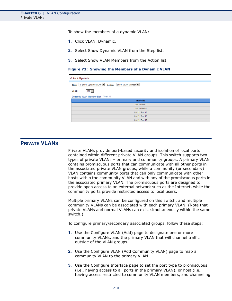 Private vlans, Figure 72: showing the members of a dynamic vlan, Vlan | LevelOne GTL-2691 User Manual | Page 210 / 1644