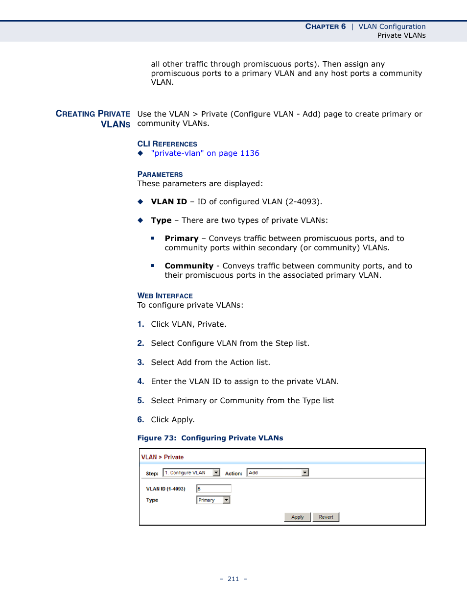 Creating private vlans, Figure 73: configuring private vlans | LevelOne GTL-2691 User Manual | Page 211 / 1644