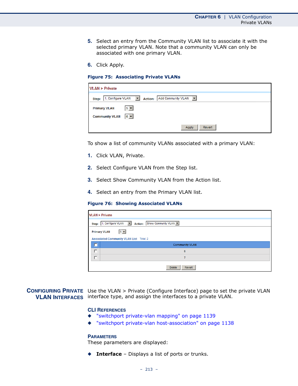 Configuring private vlan interfaces, Figure 75: associating private vlans, Figure 76: showing associated vlans | LevelOne GTL-2691 User Manual | Page 213 / 1644