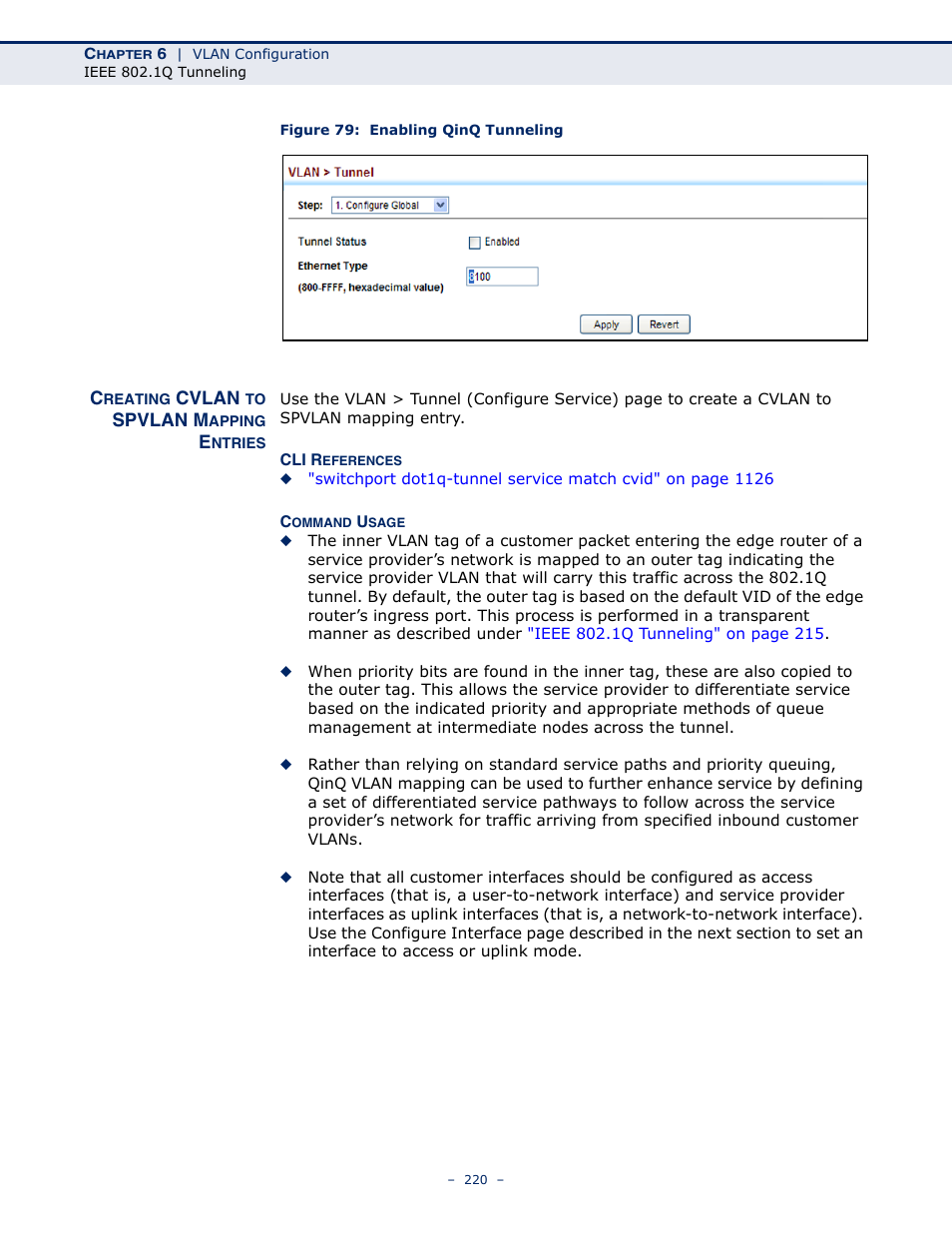 Creating cvlan to spvlan mapping entries, Figure 79: enabling qinq tunneling | LevelOne GTL-2691 User Manual | Page 220 / 1644