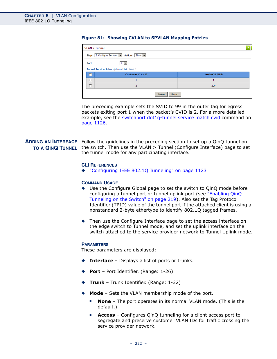 Adding an interface to a qinq tunnel, Figure 81: showing cvlan to spvlan mapping entries, Adding an | LevelOne GTL-2691 User Manual | Page 222 / 1644
