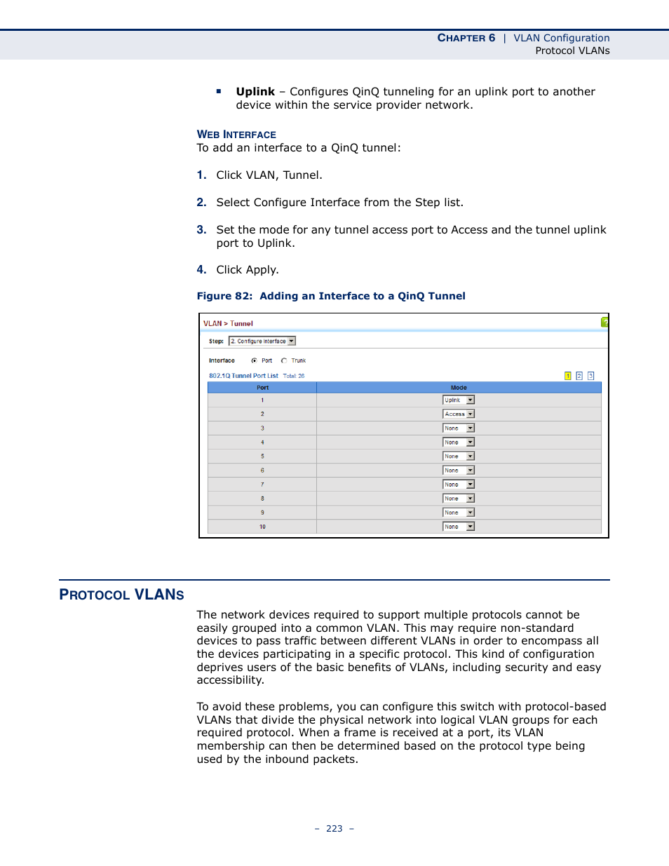Protocol vlans, Figure 82: adding an interface to a qinq tunnel, Vlan | LevelOne GTL-2691 User Manual | Page 223 / 1644