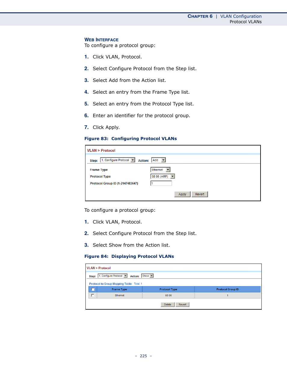 Figure 83: configuring protocol vlans, Figure 84: displaying protocol vlans | LevelOne GTL-2691 User Manual | Page 225 / 1644