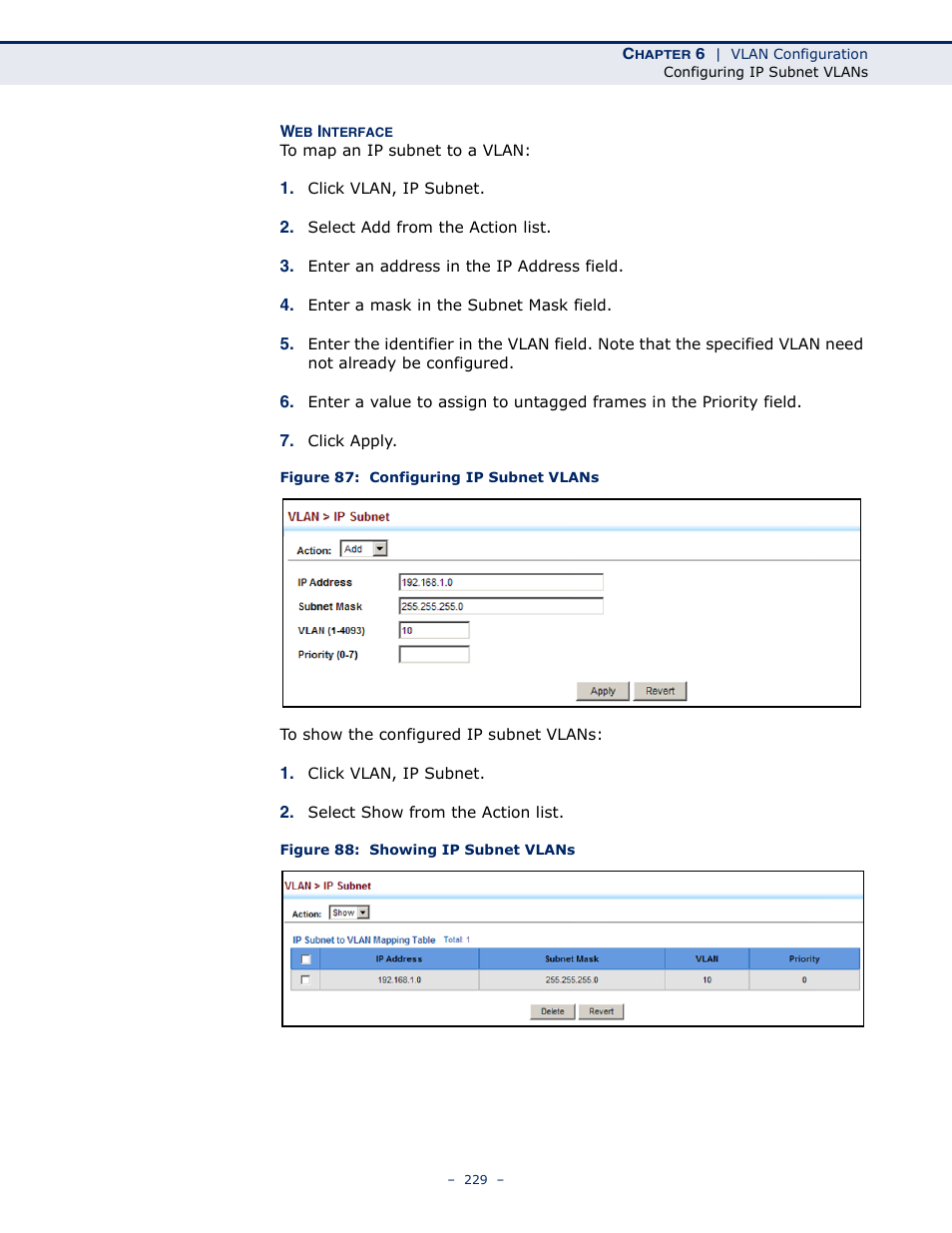 Figure 87: configuring ip subnet vlans, Figure 88: showing ip subnet vlans | LevelOne GTL-2691 User Manual | Page 229 / 1644