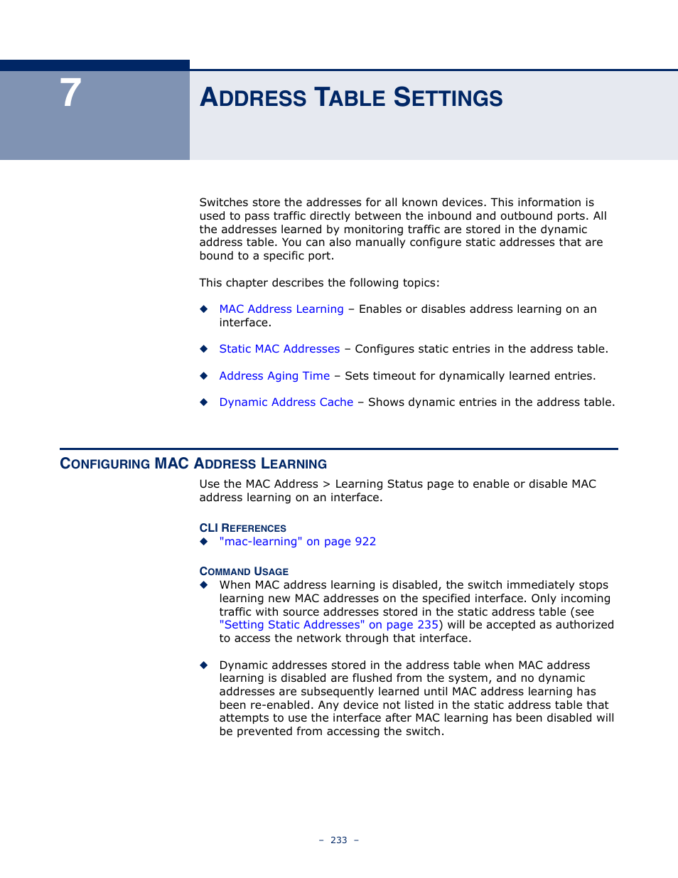 Address table settings, Configuring mac address learning, Ddress | Able, Ettings | LevelOne GTL-2691 User Manual | Page 233 / 1644