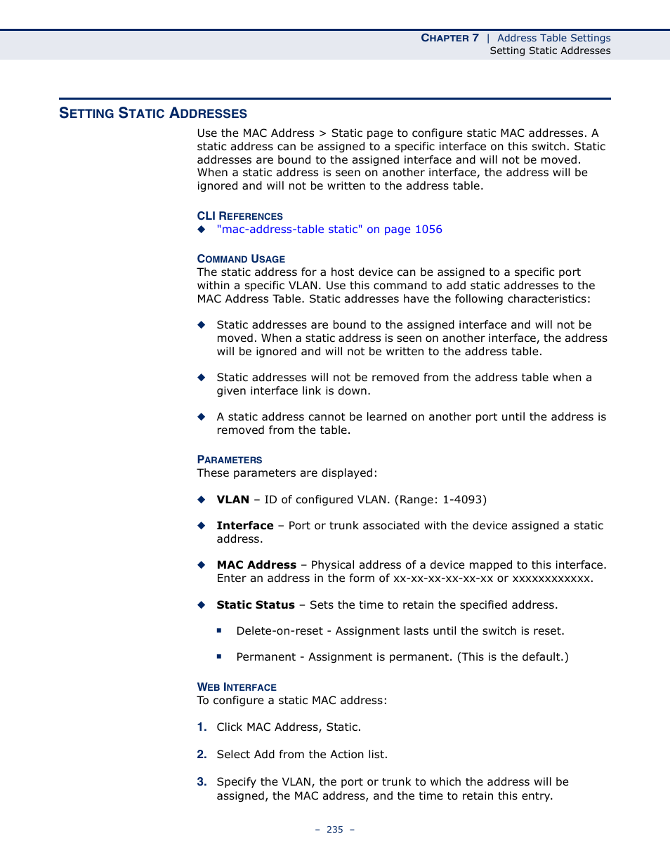 Setting static addresses, Static mac addresses | LevelOne GTL-2691 User Manual | Page 235 / 1644