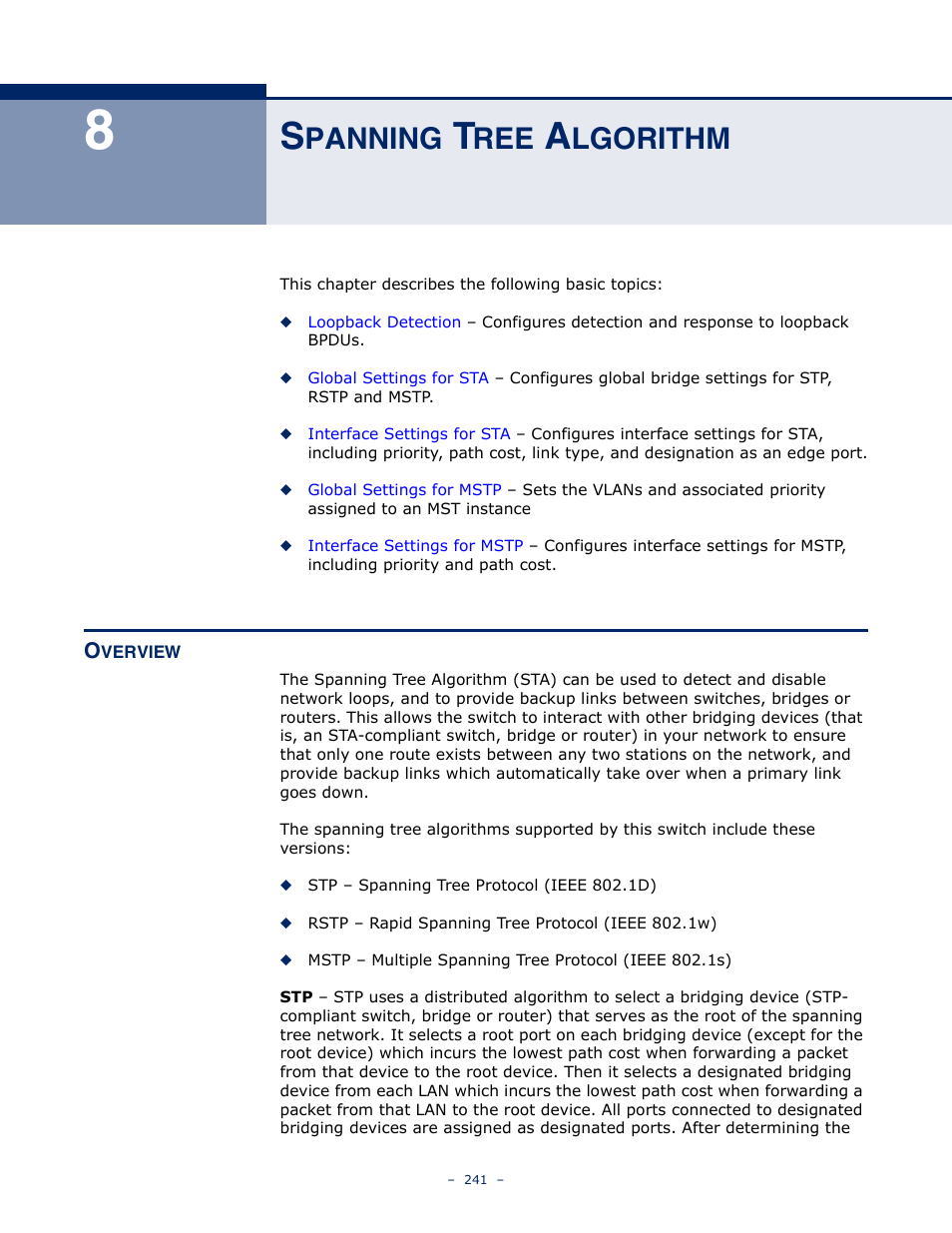 Spanning tree algorithm, Overview, Panning | Lgorithm, Overview 241, Spanning tree | LevelOne GTL-2691 User Manual | Page 241 / 1644