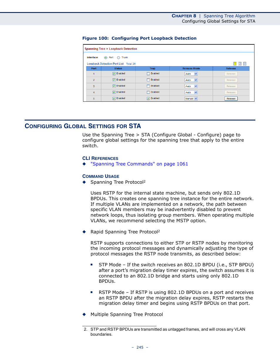 Configuring global settings for sta, Figure 100: configuring port loopback detection, Global settings for sta | LevelOne GTL-2691 User Manual | Page 245 / 1644