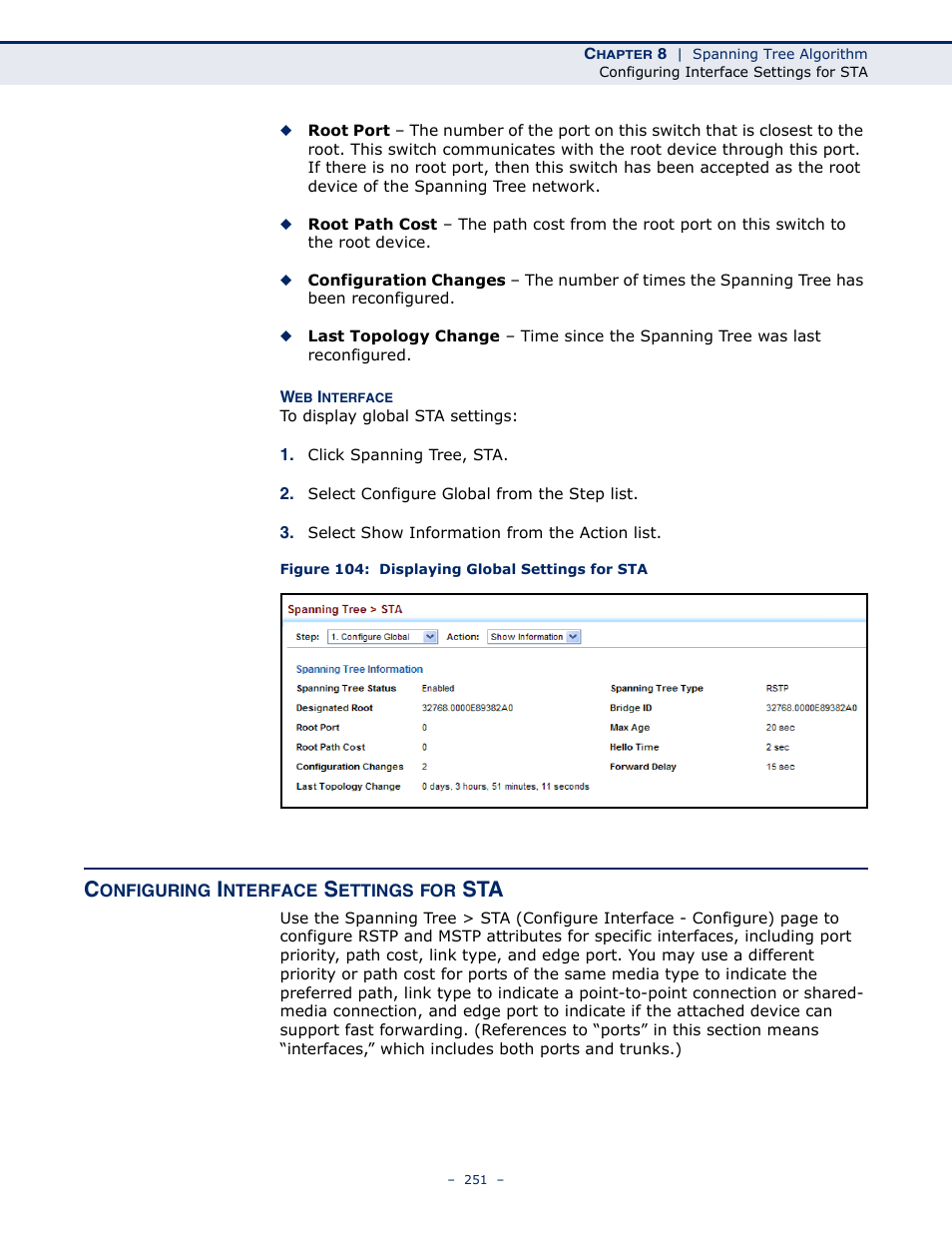 Configuring interface settings for sta, Figure 104: displaying global settings for sta, Interface settings for sta | LevelOne GTL-2691 User Manual | Page 251 / 1644