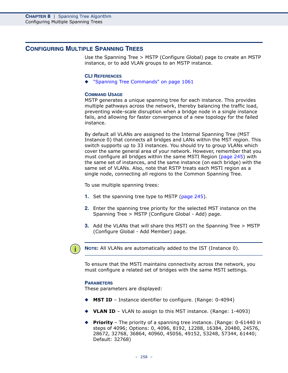 Configuring multiple spanning trees, Global settings for mstp, Sets | LevelOne GTL-2691 User Manual | Page 258 / 1644