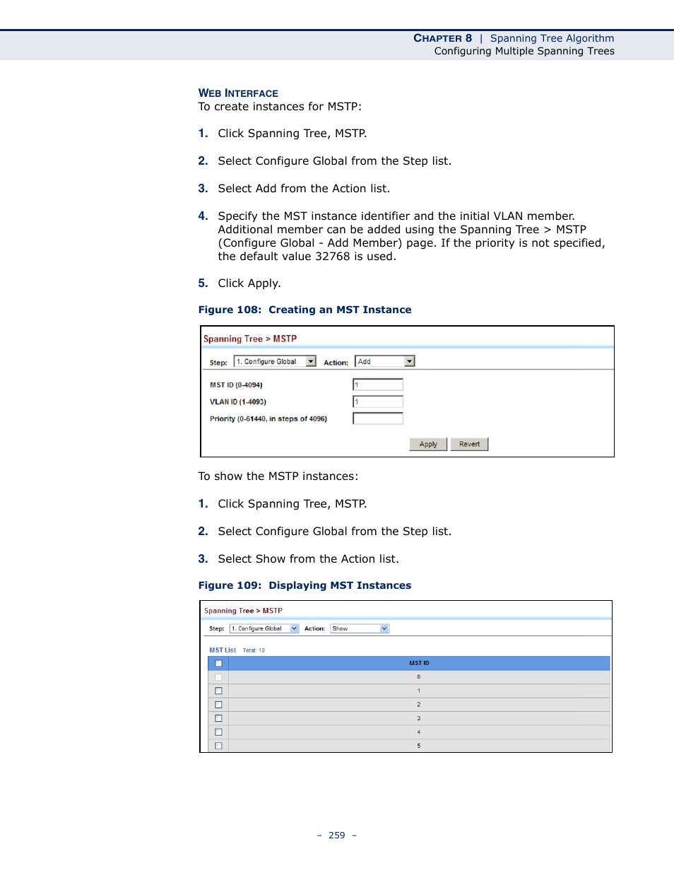 Figure 108: creating an mst instance, Figure 109: displaying mst instances | LevelOne GTL-2691 User Manual | Page 259 / 1644