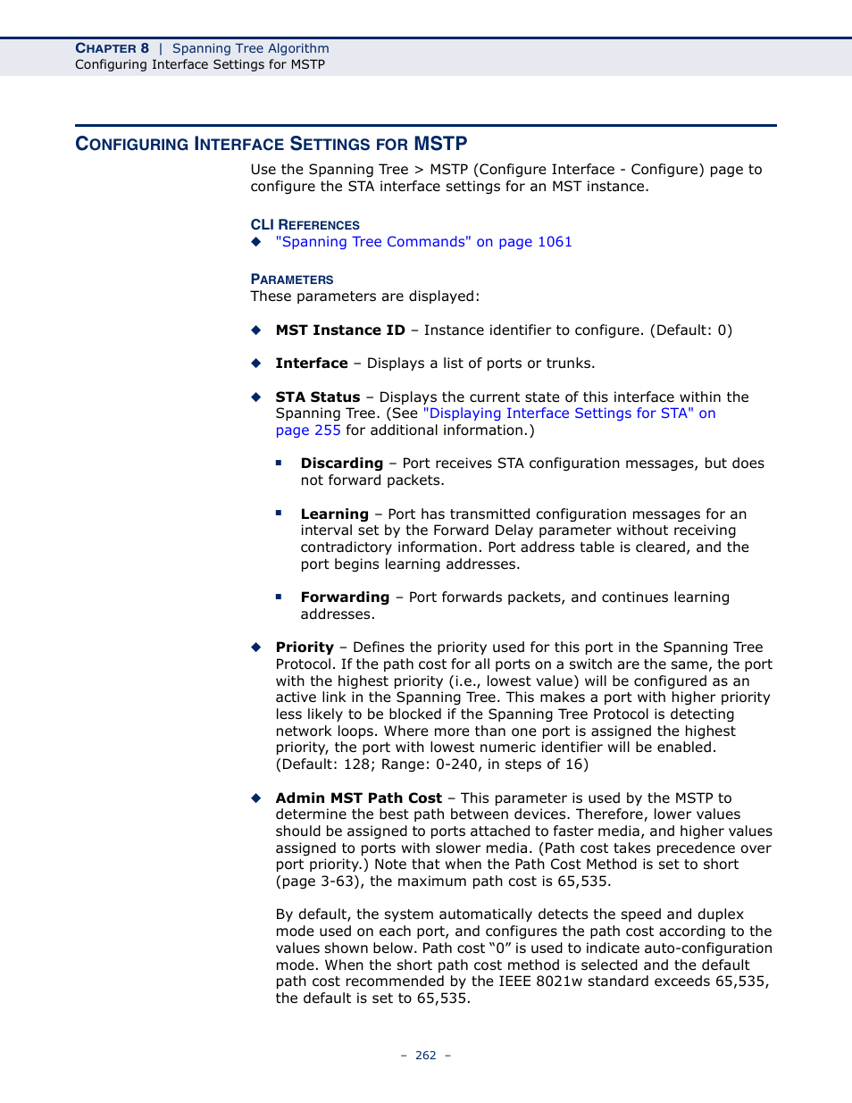 Configuring interface settings for mstp, Interface settings for mstp, Mstp | LevelOne GTL-2691 User Manual | Page 262 / 1644