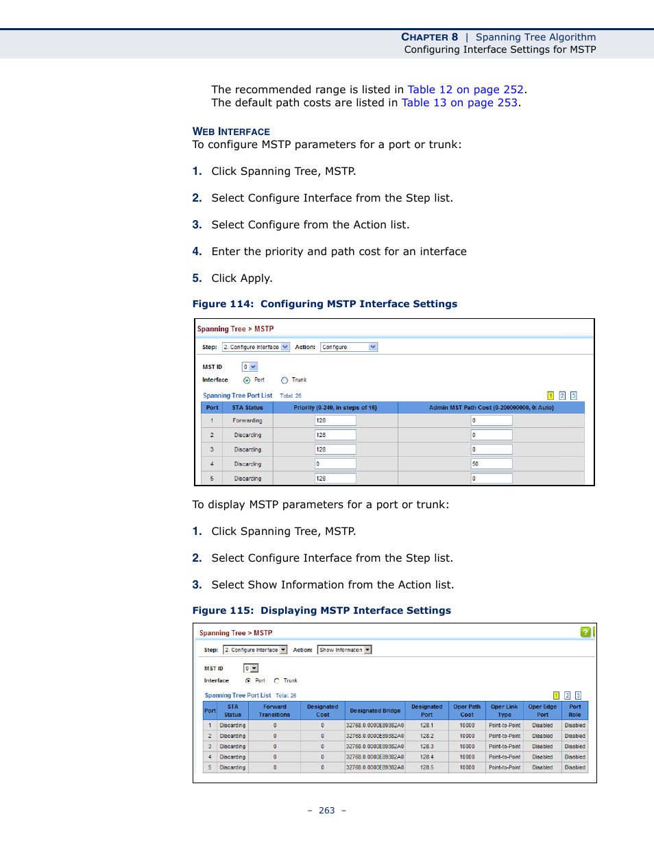 Figure 114: configuring mstp interface settings, Figure 115: displaying mstp interface settings | LevelOne GTL-2691 User Manual | Page 263 / 1644