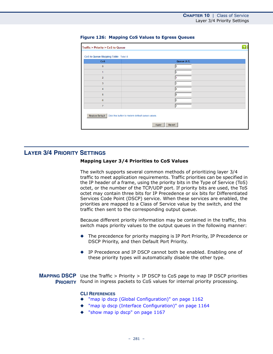 Layer 3/4 priority settings, Mapping dscp priority, Figure 126: mapping cos values to egress queues | 3/4 p | LevelOne GTL-2691 User Manual | Page 281 / 1644