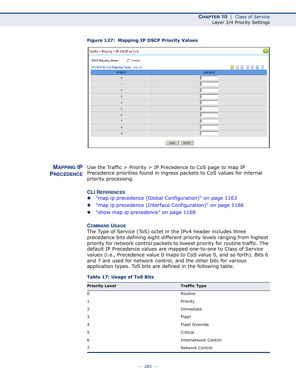 Mapping ip precedence, Figure 127: mapping ip dscp priority values, Table 17: usage of tos bits | Ip p | LevelOne GTL-2691 User Manual | Page 283 / 1644