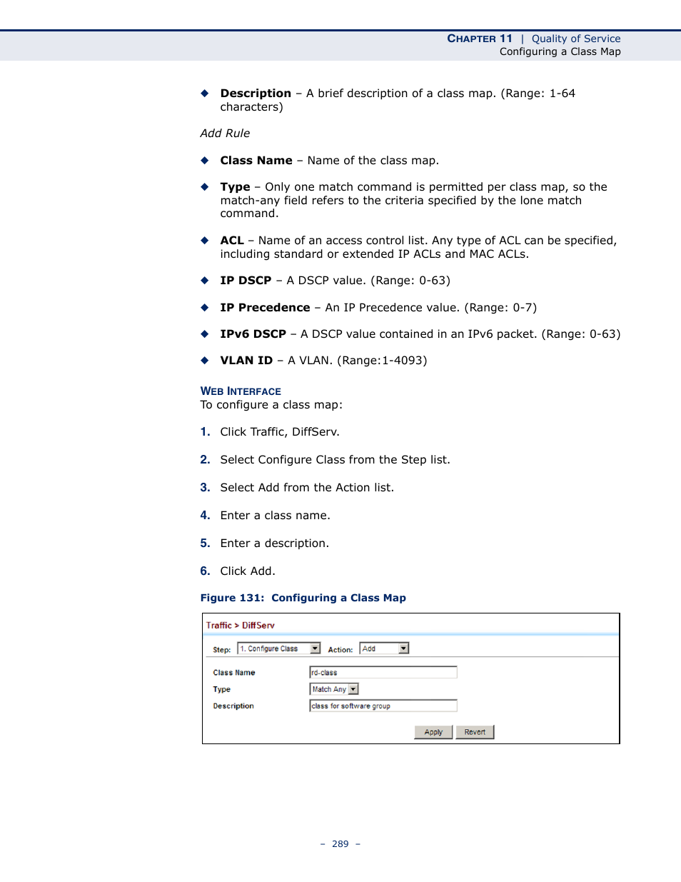 Figure 131: configuring a class map | LevelOne GTL-2691 User Manual | Page 289 / 1644