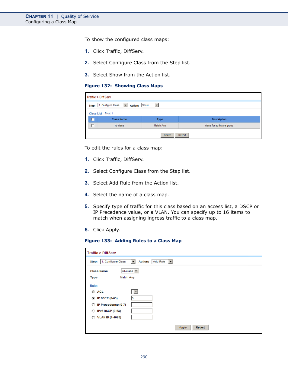 Figure 132: showing class maps, Figure 133: adding rules to a class map | LevelOne GTL-2691 User Manual | Page 290 / 1644