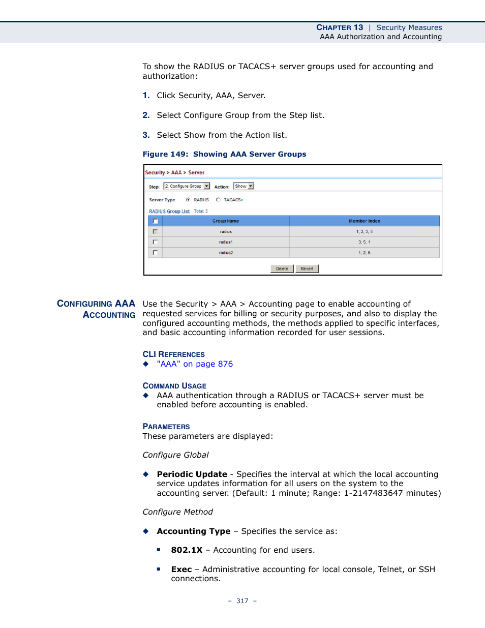 Configuring aaa accounting, Figure 149: showing aaa server groups | LevelOne GTL-2691 User Manual | Page 317 / 1644