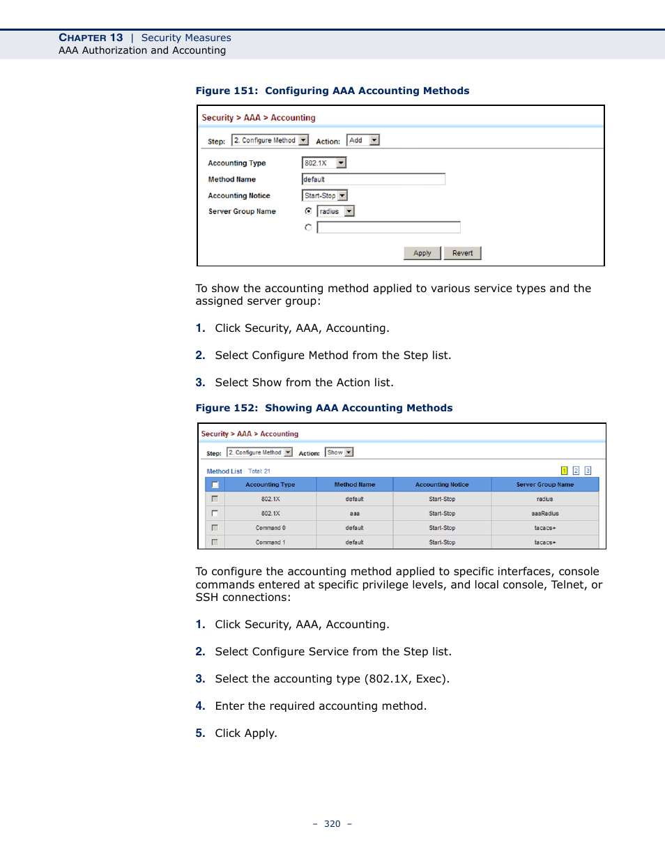 Figure 151: configuring aaa accounting methods, Figure 152: showing aaa accounting methods | LevelOne GTL-2691 User Manual | Page 320 / 1644